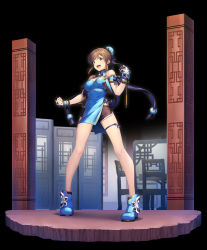 Rule 34 | 1girl, :d, absurdres, alternate hairstyle, ankle boots, architecture, arm guards, armband, armor, bare shoulders, black background, black shorts, blue dress, blue eyes, blue footwear, boots, breasts, brown hair, bun cover, chair, chinese clothes, clenched hands, dress, east asian architecture, fighting stance, frills, full body, highres, idolmaster, idolmaster million live!, legs apart, medium breasts, nanaran, open mouth, orb, pavement, pelvic curtain, pillar, purple ribbon, ribbon, satake minako, shorts, sidelocks, simple background, sleeveless, smile, solo, standing, thigh strap, wrist cuffs