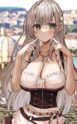 Rule 34 | 1girl, absurdres, alternate costume, blush, breasts, cleavage, closed mouth, collarbone, corset, flower, green eyes, grey hair, hair flower, hair ornament, highres, hololive, large breasts, looking at viewer, pointing, pointing at self, rum raisin (chihiromakita19), shirogane noel, shirogane noel (dirndl), solo, virtual youtuber