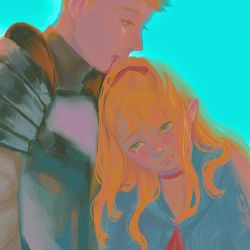 Rule 34 | 1boy, 1girl, aqua background, armor, blood, blood from mouth, blush, capelet, choker, closed mouth, corpse, crying, dungeon meshi, elf, empty eyes, eyelashes, green eyes, hair over shoulder, head tilt, highres, laios touden, leaning on person, long hair, long sleeves, looking away, marcille donato, pauldrons, plate armor, pointy ears, ponytail, portrait, profile, sad, short hair, shoulder armor, simple background, tears, upper body, white capelet, wutzuyanyu
