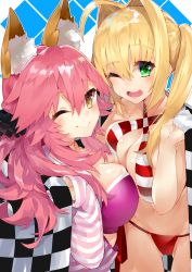Rule 34 | 10s, 2girls, ;&gt;, ;), ;d, absurdres, ahoge, animal ears, bikini, breasts, checkered flag, cleavage, criss-cross halter, fate/extra, fate/extra ccc, fate/grand order, fate (series), flag, fox ears, from side, gluteal fold, green eyes, hair intakes, hair ornament, hair scrunchie, halterneck, highres, kou mashiro, large breasts, long sleeves, looking at viewer, multiple girls, nero claudius (fate), nero claudius (fate) (all), nero claudius (swimsuit caster) (fate), official alternate costume, one eye closed, open mouth, pink hair, scrunchie, side-tie bikini bottom, sleeves past wrists, smile, striped bikini, striped clothes, swimsuit, tamamo no mae (fate/extra), tamamo no mae (spring casual) (fate), twintails, yellow eyes