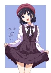 Rule 34 | 1girl, :d, beret, black bow, black bowtie, black hair, blue eyes, bow, bowtie, clothes lift, collar, collared shirt, dated, dress, dress lift, hat, head tilt, highres, looking at viewer, mole, mole under mouth, nii manabu, open mouth, original, pleated dress, purple dress, shirt, short hair, signature, simple background, smile, solo, white shirt