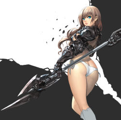 Rule 34 | 1girl, absurdres, armor, ass, bad id, bad pixiv id, bikini armor, blue eyes, breasts, brown hair, butt crack, cherrylich, daeho cha, from behind, gauntlets, highres, knight, lips, long hair, looking back, original, panties, pauldrons, polearm, shoulder armor, side-tie panties, solo, spear, underwear, unfinished, warrior, weapon