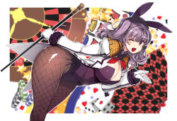 Rule 34 | 1girl, adapted costume, animal ears, black pantyhose, breasts, cane, epaulettes, fake animal ears, fishnet pantyhose, fishnets, frilled sleeves, frills, gloves, highres, holding, holding cane, jacket, kantai collection, kashima (kancolle), kerchief, large breasts, leotard, long sleeves, mil (xration), military jacket, neckerchief, open clothes, open jacket, pantyhose, playboy bunny, purple eyes, purple leotard, rabbit ears, red neckerchief, sidelocks, silver hair, solo, twintails, wavy hair, white gloves, white jacket