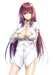 Rule 34 | 1girl, blush, bottomless, breasts, dress shirt, fate/grand order, fate (series), highres, large breasts, long hair, looking at viewer, mitsugu, naked shirt, no bra, no panties, open clothes, open shirt, opened by self, purple hair, red eyes, scathach (fate), scathach (fate), shirt, shirt tug, simple background, smile, solo, white background, white shirt
