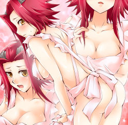 Rule 34 | 1girl, apron, ass, blush, breasts, cleavage, head out of frame, izayoi aki, large breasts, mugicha (sukimachaya), naked apron, no bra, no panties, open mouth, red hair, short hair, sideboob, solo, sweat, thighs, yellow eyes, yu-gi-oh!, yu-gi-oh! 5d&#039;s