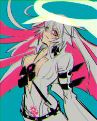 Rule 34 | 1girl, spiked halo, guilty gear, guilty gear xrd, halo, jack-o&#039; valentine, multicolored hair, open clothes, oro (sumakaita), pink hair, red eyes, simple background, solo, two-tone hair, white hair
