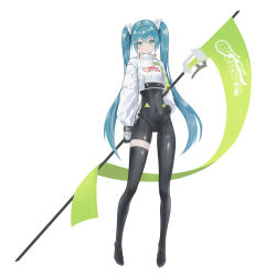 Rule 34 | 1girl, absurdres, aqua eyes, aqua hair, asymmetrical bodysuit, black bodysuit, black gloves, bodysuit, boots, crop top, crop top overhang, cropped jacket, flag, flagpole, full body, gloves, goodsmile racing, hairpods, hand on own hip, hatsune miku, highres, holding, holding flag, holding pole, jacket, leeinhyeon 0402, long hair, looking at viewer, pole, race queen, racing miku, racing miku (2022), shiny clothes, single thigh boot, smile, solo, standing, thigh boots, vocaloid