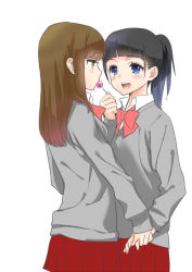 Rule 34 | 2girls, black hair, blue eyes, blush, bow, bowtie, brown hair, candy, cardigan, couple, eye contact, female focus, food, green eyes, happy, holding, holding hands, interlocked fingers, lollipop, long hair, long sleeves, looking at another, multiple girls, ooshima tomo, open mouth, original, own hands together, ponytail, school uniform, shared food, simple background, skirt, smile, white background, yuri