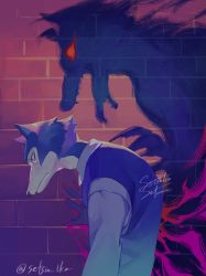 Rule 34 | 1boy, beastars, black eyes, blood, blood on hands, blood on wall, brick wall, claws, closed mouth, dual persona, furry, furry male, highres, legoshi, looking down, male focus, open mouth, outdoors, red eyes, satome setsuko, shadow, signature, solo, tongue, tongue out, twitter username, wolf