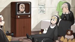 Rule 34 | 5girls, bird, black bow, black bowtie, black footwear, blonde hair, blue eyes, bow, bowtie, brown eyes, brown hair, chicken, clumsy nun (diva), commentary, diva (hyxpk), drinking straw, drinking straw in mouth, duck, duckling, english commentary, freckles, froggy nun (diva), glasses, glasses nun (diva), grey hair, habit, hand on own face, highres, hungry nun (diva), little nuns (diva), mouse, mouse hole, multiple girls, nun, on floor, round eyewear, sheep nun (diva), sitting, television, traditional nun, triangle mouth