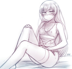 Rule 34 | 1girl, bad deviantart id, bad id, blush, breasts, cleavage, corset, hand on own knee, hand on own thigh, hand on thigh, long hair, monochrome, ndgd, revealing clothes, rwby, scar, scar across eye, scar on face, small breasts, solo, thighhighs, weiss schnee