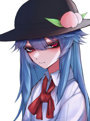 Rule 34 | 1girl, 33 gaff, black headwear, blue hair, commentary, food, fruit, hair between eyes, hat ornament, hinanawi tenshi, long hair, looking at viewer, neck ribbon, peach, red eyes, red ribbon, ribbon, shirt, simple background, solo, touhou, upper body, white background, white shirt