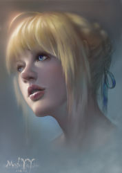 Rule 34 | 10s, 1girl, 2014, ahoge, artist name, artoria pendragon (all), artoria pendragon (fate), blonde hair, blue eyes, dated, fate/stay night, fate (series), lips, looking away, madyy, portrait, realistic, ribbon, saber (fate), short hair, simple background, solo