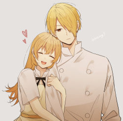 Rule 34 | 1boy, 1girl, ^ ^, ^o^, apron, arm hug, azs kn, blonde hair, chef, chef, chin rest, closed eyes, copyright name, expressionless, hair over one eye, head on head, head rest, heart, hetero, highres, light brown hair, looking at viewer, neck ribbon, one eye covered, ribbon, round teeth, satou jun, smile, teeth, todoroki yachiyo, upper body, waitress, working!!
