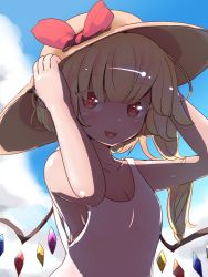 Rule 34 | 1girl, :d, adda, alternate headwear, bare arms, bare shoulders, blonde hair, blue sky, bow, breasts, cleavage, cloud, collarbone, colored eyelashes, commentary request, crystal, day, fangs, flandre scarlet, hands on headwear, hands up, hat, hat bow, long hair, looking at viewer, medium breasts, one side up, open mouth, red bow, red eyes, shiny skin, shirt, sideboob, sky, smile, solo, sun hat, tank top, touhou, upper body, white shirt, wings