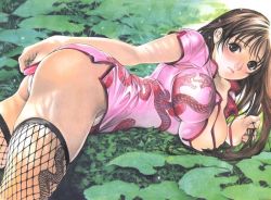 Rule 34 | 1girl, ass, blush, breasts, brown eyes, brown hair, china dress, chinese clothes, covered erect nipples, covering privates, covering ass, dress, dress tug, fishnet thighhighs, fishnets, large breasts, long hair, lying, natsume aya, on side, oogure ito, panties, pink dress, pink skirt, skirt, solo, tenjou tenge, thighhighs, underwear, white panties