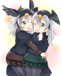 Rule 34 | bird girl, dress, eyelashes, great cormorant (kemono friends), green eyes, grey hair, head wings, highres, hug, japanese cormorant (kemono friends), jewelry, kemono friends, long hair, long sleeves, multiple girls, necklace, one eye closed, open mouth, pantyhose, pleated skirt, skirt, suicchonsuisui, sweater, wings
