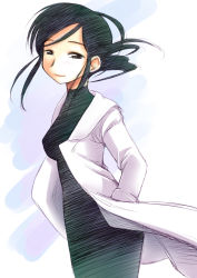Rule 34 | 1girl, black hair, bodysuit, coat, ebifly, hands in pockets, hatching (texture), kabu no isaki, lab coat, linear hatching, lips, long hair, looking at viewer, open clothes, open coat, shiro (kabu no isaki), sidelocks, simple background, smile, solo, walking