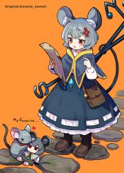 Rule 34 | 1girl, anger vein, animal, animal ears, bag, black dress, blush, brown footwear, capelet, character doll, dowsing rod, dress, fumo (doll), grey capelet, grey hair, heart, highres, holding, howhow notei, jewelry, long sleeves, mouse (animal), mouse ears, mouse tail, nazrin, open mouth, orange background, pendant, red eyes, shoes, short hair, shoulder bag, simple background, solo, tail, touhou