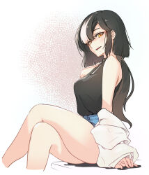 Rule 34 | 1girl, bare legs, bare shoulders, black shirt, blush, breasts, chuchucho, crossed legs, denim, denim shorts, enplle, from side, jacket, korean streamer, long hair, looking at viewer, medium breasts, multicolored hair, open mouth, shirt, short shorts, shorts, sitting, sitting on object, sleeveless, sleeveless shirt, sleeves past wrists, smile, solo, streamers, thighs, two-tone hair, white background, white jacket, yellow eyes