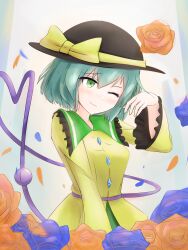 Rule 34 | 1girl, aqua hair, black hat, blouse, blush, bow, buttons, closed mouth, d wtwi, diamond button, eyeball, frilled shirt collar, frilled sleeves, frills, green eyes, green skirt, hand up, hat, hat bow, hat ribbon, heart, heart of string, highres, komeiji koishi, long sleeves, medium hair, one eye closed, ribbon, shirt, sidelocks, skirt, smile, solo, third eye, touhou, upper body, wide sleeves, yellow bow, yellow ribbon, yellow shirt