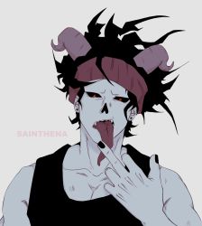 Rule 34 | boku no hero academia, demon horns, fangs, highres, horns, long tongue, male focus, middle finger, red eyes, stain (boku no hero academia), tongue, tongue out