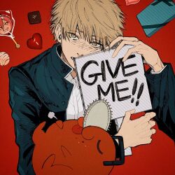 Rule 34 | 1boy, 1other, blonde hair, box, chainsaw, chainsaw man, chocolate, closed eyes, denji (chainsaw man), fume, gakuran, gift, gift box, heart, highres, looking at viewer, male focus, namida a2, open mouth, pochita (chainsaw man), power (chainsaw man), red background, school uniform, short hair, simple background, tongue, tongue out, valentine