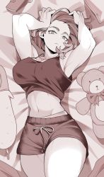 Rule 34 | 1girl, absurdres, arms up, black shorts, boku no hero academia, breasts, greyscale, highres, koyap, lady nagant, large breasts, lying, midriff, monochrome, navel, on back, on bed, pillow, short hair, shorts, slit pupils, solo, stuffed animal, stuffed toy, tank top, teddy bear, thick thighs, thighs, wallet