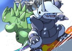 Rule 34 | absurdres, aggron, artist request, claws, creatures (company), game freak, gen 2 pokemon, gen 3 pokemon, highres, horns, looking to the side, nintendo, no humans, open mouth, pokemon, pokemon (creature), sharp teeth, simple background, sky, snow, snowboard, tail, teeth, tyranitar