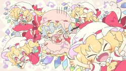 Rule 34 | &gt; &lt;, 2girls, 5girls, :d, > <, arms up, back bow, bat wings, beamed eighth notes, blonde hair, blue hair, bow, charisma guard, chibi, clone, closed eyes, commentary request, crystal, eighth note, fang, flandre scarlet, four of a kind (touhou), frills, hands on headwear, hands up, hat, hat bow, highres, holding, holding microphone, microphone, mob cap, multiple girls, music, musical note, open mouth, pink headwear, pink shirt, pink skirt, red bow, red eyes, red neckwear, red skirt, red vest, remilia scarlet, shirt, short hair, short sleeves, siblings, side ponytail, singing, sisters, skirt, smile, star (symbol), touhou, vest, white bow, white headwear, white shirt, wings, xd, yellow neckwear, yoshishi (yosisitoho)