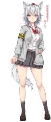 Rule 34 | 1girl, absurdres, amagi (amagi626), animal ear fluff, animal ears, armband, bow, bowtie, brown footwear, cardigan, eyes visible through hair, full body, grey skirt, grey socks, hand on own hip, hat, highres, inubashiri momiji, looking at viewer, loose bowtie, miniskirt, open cardigan, open clothes, pleated skirt, puff of air, red bow, red bowtie, red eyes, red hat, school uniform, shoes, simple background, skirt, socks, solo, tail, tokin hat, touhou, translated, white background, white hair, wolf ears, wolf tail