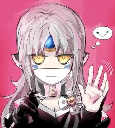 Rule 34 | 1girl, :|, closed mouth, code: nemesis (elsword), covering own mouth, elsword, eve (elsword), expressionless, facial tattoo, fingerless gloves, gloves, headgear, jitome, kas2a rr, long hair, looking at viewer, pink background, raven cronwell, simple background, single glove, sketch, smile, solo, tattoo, thought bubble, waving, white hair, yellow eyes