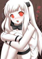 Rule 34 | 10s, 1girl, abyssal ship, blush, colored skin, dress, fuuma nagi, horns, kantai collection, hugging own legs, looking at viewer, mittens, northern ocean princess, open mouth, red eyes, sitting, solo, tears, translation request, white dress, white hair, white skin