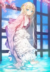 Rule 34 | 1girl, barefoot, blonde hair, blue eyes, fence, floral print, full body, japanese clothes, kimono, layered clothes, layered kimono, leaning forward, long hair, looking at viewer, original, solo, sukja, very long hair, water, wide sleeves, wooden fence