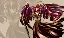 Rule 34 | &gt;:), 1girl, alternate costume, alternate hairstyle, alternate wing color, alternate wings, arm behind back, bat wings, brown coat, coat, commentary request, cowboy shot, gun, hair ornament, hair over one eye, hair ribbon, hairclip, head wings, highres, koakuma, large wings, long hair, long sleeves, looking at viewer, nino (pixiv 1643169), outstretched arm, ponytail, red eyes, red hair, ribbon, shotgun, simple background, smile, solo, tan background, touhou, v-shaped eyebrows, very long hair, weapon, wings, zoom layer