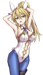 Rule 34 | 1girl, ahoge, animal ears, armpits, arms behind head, arms up, artoria pendragon (all), artoria pendragon (fate), artoria pendragon (swimsuit ruler) (fate), bare shoulders, blonde hair, blue necktie, blue pantyhose, blush, braid, breasts, cleavage, clothing cutout, detached collar, elfenlied22, fake animal ears, fate/grand order, fate (series), fishnet pantyhose, fishnets, french braid, green eyes, hair between eyes, highleg, highleg leotard, large breasts, leotard, long hair, looking at viewer, navel, navel cutout, necktie, open mouth, pantyhose, playboy bunny, ponytail, rabbit ears, sidelocks, solo, thighs, tiara, white leotard, wrist cuffs