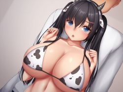 Rule 34 | 1girl, animal ears, animal print, bikini, black hair, blue eyes, blush, breasts, cow ears, cow horns, cow print, embarrassed, faceless, faceless male, fake animal ears, hair between eyes, hands up, height difference, highres, horns, huge breasts, indoors, looking at viewer, nose blush, original, parted lips, print bikini, sitting, solo focus, swimsuit, tapisuke, twintails, upper body