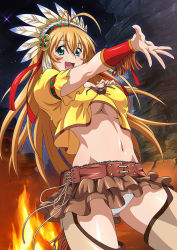 Rule 34 | 1girl, :d, alternate costume, antenna hair, belt, belt buckle, blonde hair, breasts, brown belt, brown skirt, buckle, commentary request, crop top, day, fang, floating hair, green eyes, groin, hair between eyes, ikkitousen, large breasts, layered skirt, long hair, miniskirt, navel, night, open mouth, outdoors, outstretched arm, outstretched hand, panties, pleated skirt, shiny skin, shirt, short sleeves, skirt, sky, smile, solo, sonsaku hakufu, standing, star (sky), starry sky, underboob, underwear, very long hair, white panties, yellow shirt
