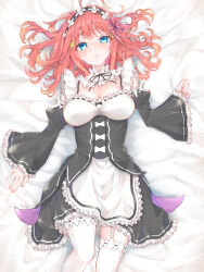 1girl apron bed_sheet black_dress blue_eyes blush breasts breasts_apart dress frilled_apron frilled_dress frills garter_straps go-toubun_no_hanayome hair_ornament hairband jun_(30409972) long_sleeves looking_at_viewer lying medium_breasts medium_hair nakano_itsuki on_back parted_bangs re:zero_kara_hajimeru_isekai_seikatsu red_hair roswaal_mansion_maid_uniform solo star_(symbol) star_hair_ornament thighhighs waist_apron white_apron white_thighhighs zettai_ryouiki