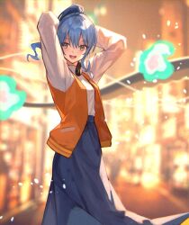 Rule 34 | 1girl, :d, arms behind head, backlighting, bare arms, blue eyes, blue hair, blue skirt, blush, casual, headphones, headphones around neck, highres, hololive, hoshimachi suisei, jacket, long hair, long skirt, long sleeves, looking at viewer, open clothes, open jacket, open mouth, orange jacket, outdoors, ponytail, shirt, skirt, smile, solo, sweater, virtual youtuber, white shirt, white sweater, xyunx