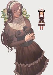 1girl black_ribbon breasts brown_dress brown_hair brown_nails dress flower frilled_dress frilled_hairband frilled_shirt_collar frills grey_background hairband highres irasutoya leaf long_hair maid maid_headdress plant red_eyes reference_inset reo_(mmocc123) ribbon simple_background solo