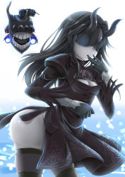 Rule 34 | 1girl, abyssal ship, ass, black blindfold, black dress, black footwear, black gloves, black hair, black thighhighs, blindfold, boots, breasts, cleavage, cosplay, dress, gloves, highres, horns, kantai collection, kirimori toya, light cruiser princess, long hair, long sleeves, medium breasts, nier:automata, nier (series), pod (nier:automata), pod (nier:automata) (cosplay), puffy long sleeves, puffy sleeves, shiny skin, side slit, silver skin, solo, thigh boots, thighhighs, thighhighs under boots, vambraces, 2b (nier:automata), 2b (nier:automata) (cosplay)