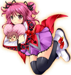 Rule 34 | 1girl, akina tsukako, asbel lhant, black thighhighs, blush, cheria barnes, colorized, doll, hair ribbon, hugging doll, hugging object, lineart, long hair, monochrome, open mouth, pillow, pink hair, polka dot, purple skirt, ribbon, sakura hanatsumi, simple background, skirt, solo, stuffed toy, tales of (series), tales of graces, thighhighs, twintails, zettai ryouiki