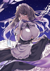 Rule 34 | 1girl, absurdres, apron, azur lane, black dress, breasts, charybdis (azur lane), classic (zildjian33), clothing cutout, covered mouth, dress, framed breasts, frilled apron, frilled dress, frills, gloves, grey eyes, grey hair, highres, large breasts, layered dress, long hair, looking at viewer, maid, night, night sky, purple ribbon, ribbon, skirt hold, sky, sleeveless, solo, star (sky), starry sky, two-tone dress, underboob, underboob cutout, white apron, white dress, white gloves
