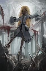 Rule 34 | 1girl, arm belt, asymmetrical sleeves, belt, belt pouch, black belt, black sclera, blonde hair, blood, coat, colored sclera, commentary, cross-laced clothes, cross-laced sleeves, dark-skinned female, dark skin, full-length zipper, full body, grey coat, hair ornament, hands up, high collar, high heels, highres, kajaneko, long hair, long sleeves, looking at viewer, mismatched sleeves, open mouth, original, outdoors, partially unzipped, pouch, ruins, sandals, sleeves past fingers, sleeves past wrists, smile, solo, standing, standing on one leg, teeth, upper teeth only, very dark skin, white footwear, wide sleeves, yellow eyes, zipper, zipper pull tab