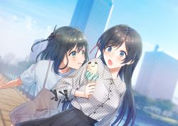 Rule 34 | 2girls, absurdres, black hair, black skirt, blue eyes, blue sky, blurry, blurry background, building, canal, checkered clothes, checkered shirt, cityscape, cloud, collared shirt, commentary request, cover, cover page, day, dutch angle, food, hair ribbon, highres, holding, holding food, huge filesize, ice cream, ice cream cone, long hair, multiple girls, novel cover, novel illustration, official art, open mouth, original, outdoors, overall skirt, railing, ribbon, shirt, simple background, sinomi, skirt, sky, skyscraper, tree, white shirt