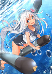 Rule 34 | 1girl, blonde hair, blue eyes, blush, breasts, bubble, flower, hair between eyes, hair flower, hair ornament, hasaki (alice ruru), holding, holding torpedo, kantai collection, long hair, one-piece swimsuit, one-piece tan, open mouth, pink flower, ro-500 (kancolle), sailor collar, school swimsuit, small breasts, smile, solo, swimsuit, swimsuit under clothes, tan, tanline, torpedo, underwater
