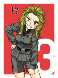 Rule 34 | !?, 1girl, adapted uniform, anzio military uniform, belt, black belt, black shirt, brown eyes, brown hair, commentary request, dress shirt, girls und panzer, grey jacket, grey shorts, grin, hair slicked back, hand on own hip, jacket, leaning to the side, long sleeves, looking at viewer, medium hair, military, military uniform, oosaka kanagawa, panettone (girls und panzer), red background, sharp teeth, shirt, shorts, smile, solo, standing, teeth, uniform, wing collar