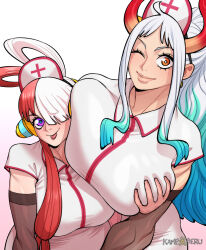 Rule 34 | 2girls, absurdres, breast press, breasts, brown eyes, clothes, female focus, grabbing, grabbing another&#039;s breast, hat, highres, horns, huge breasts, kameseru, long hair, looking at viewer, medium breasts, multicolored hair, multiple girls, nurse, nurse cap, one eye closed, one piece, purple eyes, size difference, smile, tongue, tongue out, uta (one piece), yamato (one piece)