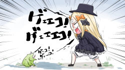 Rule 34 | 1girl, abigail williams (fate), animal, black bow, black dress, black footwear, black hat, blonde hair, bloomers, bow, bug, butterfly, commentary request, crossed bandaids, dress, emphasis lines, fate/grand order, fate (series), frog, from side, hair bow, hat, highres, insect, long hair, long sleeves, mary janes, neon-tetora, open mouth, orange bow, parted bangs, profile, shoes, sleeves past fingers, sleeves past wrists, solo, standing, translation request, underwear, very long hair, white bloomers